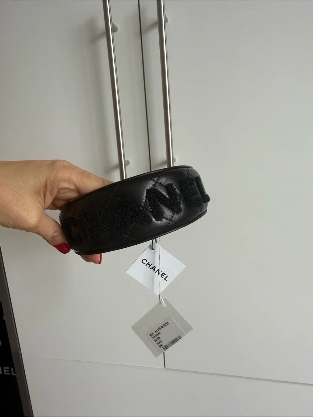 CHANEL Black Quilted Logo Leather Headband